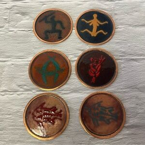 Vintage Australian/Aboriginal Theme Copper Coasters Enamel Glazed Handpainted